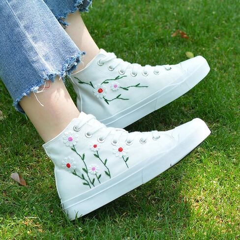 Women High-Top Fashion Sneakers with Floral Embroidery Birthday Gift Wedding Shoes for Bride White Canvas Tennis Walking Shoes in Saudi Arabia