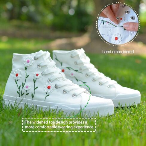 Women High-Top Fashion Sneakers with Floral Embroidery Birthday Gift Wedding Shoes for Bride White Canvas Tennis Walking Shoes in Saudi Arabia