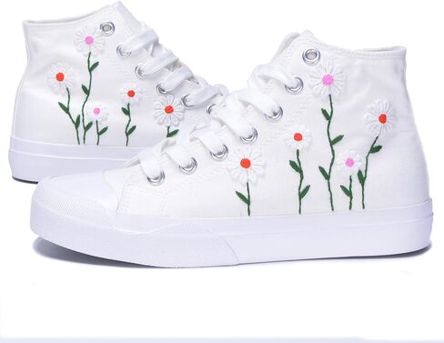 Women High-Top Fashion Sneakers with Floral Embroidery Birthday Gift Wedding Shoes for Bride White Canvas Tennis Walking Shoes in Saudi Arabia