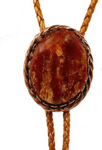 A Deep Red and Gold Jasper Cabochon is in a Copper Tone Bolo Slide with Copprt Tone Leather Cord and Swirl Tips in Saudi Arabia
