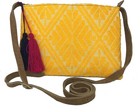 Crossbody "Vicenta", made by Jühue Artesanal, Made in Mexico, Yellow bag, handembroidery, unique piece, Embroidered bag, Mexican embroidery, Handmade, Suede Crossbody, Crossbody embroidery in Saudi Arabia