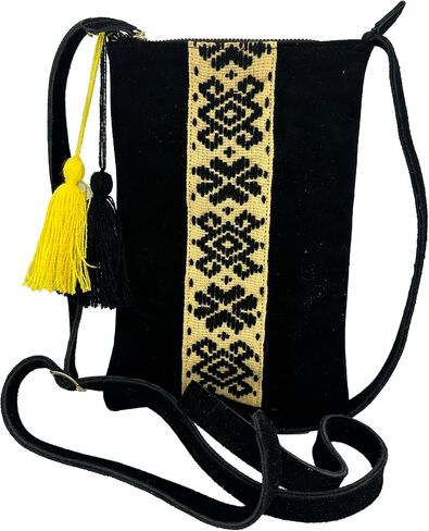 Crossbody "Angelica", made by Jühue Artesanal, Made in Mexico, Black bag, handembroidery, unique piece, Embroidered bag, Mexican embroidery, Handmade, Suede Crossbody, Crossbody embroidery in Saudi Arabia