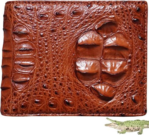 Genuine Mens Alligator Leather Double Sides Bifold Wallet Passcase Crocodile Horn Extra Capacity Bifold Wallet (White-Cognac Big Horn) in Saudi Arabia
