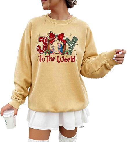 ألوان مريحة، سويت شيرت Joy To The World، سويت شيرت Coquette Jesus Christmas، آية من الكتاب المقدس، قميص ليلة مقدسة، تي شيرت نسائي برقبة دائرية in Saudi Arabia