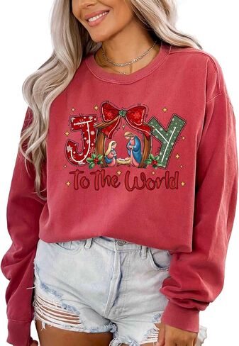 ألوان مريحة، سويت شيرت Joy To The World، سويت شيرت Coquette Jesus Christmas، آية من الكتاب المقدس، قميص ليلة مقدسة، تي شيرت نسائي برقبة دائرية in Saudi Arabia