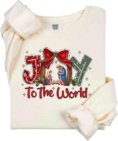 ألوان مريحة، سويت شيرت Joy To The World، سويت شيرت Coquette Jesus Christmas، آية من الكتاب المقدس، قميص ليلة مقدسة، تي شيرت نسائي برقبة دائرية in Saudi Arabia