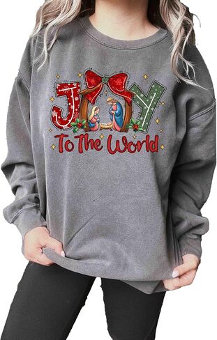 ألوان مريحة، سويت شيرت Joy To The World، سويت شيرت Coquette Jesus Christmas، آية من الكتاب المقدس، قميص ليلة مقدسة، تي شيرت نسائي برقبة دائرية in Saudi Arabia