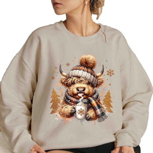 Cute Highland Cow Christmas Sweatshirt, Cozy Winter Fluffy Cow Xmas Trees Shirt, Cow Lover Gift in Saudi Arabia