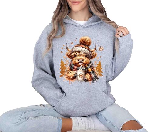 Cute Highland Cow Christmas Sweatshirt, Cozy Winter Fluffy Cow Xmas Trees Shirt, Cow Lover Gift in Saudi Arabia