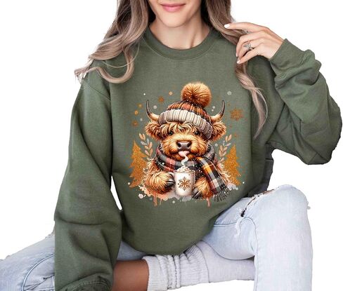 Cute Highland Cow Christmas Sweatshirt, Cozy Winter Fluffy Cow Xmas Trees Shirt, Cow Lover Gift in Saudi Arabia
