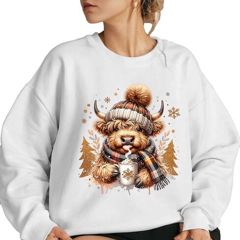 Cute Highland Cow Christmas Sweatshirt, Cozy Winter Fluffy Cow Xmas Trees Shirt, Cow Lover Gift in Saudi Arabia