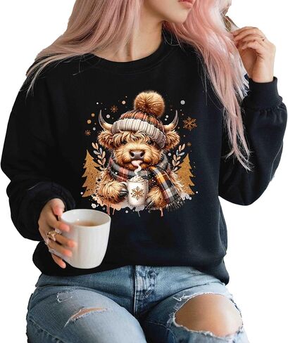 Cute Highland Cow Christmas Sweatshirt, Cozy Winter Fluffy Cow Xmas Trees Shirt, Cow Lover Gift in Saudi Arabia