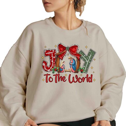 سويت شيرت Joy To The World، سويت شيرت Coquette Jesus Christmas، آية من الكتاب المقدس، قميص ليلة مقدسة للعطلات، تي شيرت نسائي برقبة دائرية in Saudi Arabia