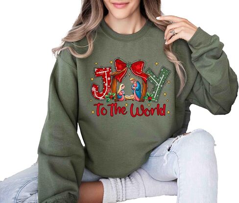 سويت شيرت Joy To The World، سويت شيرت Coquette Jesus Christmas، آية من الكتاب المقدس، قميص ليلة مقدسة للعطلات، تي شيرت نسائي برقبة دائرية in Saudi Arabia