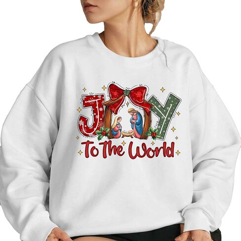سويت شيرت Joy To The World، سويت شيرت Coquette Jesus Christmas، آية من الكتاب المقدس، قميص ليلة مقدسة للعطلات، تي شيرت نسائي برقبة دائرية in Saudi Arabia