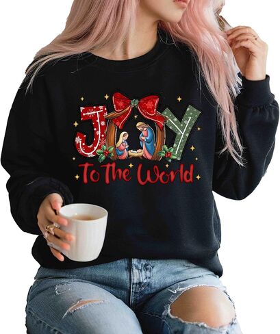 سويت شيرت Joy To The World، سويت شيرت Coquette Jesus Christmas، آية من الكتاب المقدس، قميص ليلة مقدسة للعطلات، تي شيرت نسائي برقبة دائرية in Saudi Arabia