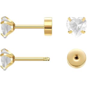 Heart Flat Back Stud Earrings 5mm Tiny Hypoallergenic Screw Back Earrings for Women, Handmade Birthstone Earrings 14k Gold CZ Earrings for Her in Kuwait