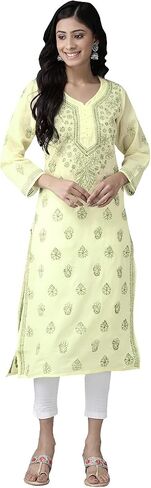 Ada Indian Traditional Handmade Chikan Cotton Kurta with Trouser Pant for Women A811183 Lemon in Saudi Arabia