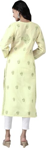 Ada Indian Traditional Handmade Chikan Cotton Kurta with Trouser Pant for Women A811183 Lemon in Saudi Arabia
