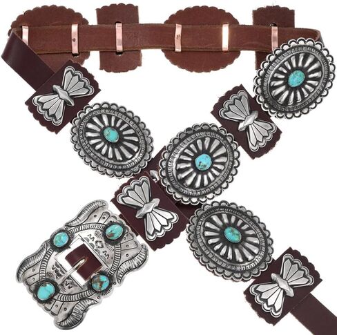 حزام Alltribes بالحجم الكامل من Navajo Kingman باللون الفيروزي المطروق باللون الفضي على الجلد الطبيعي 3607 in Saudi Arabia