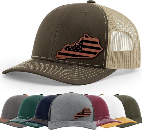 Kentucky State Flag, Map of the State of Kentucky and American flag Hat, 112 Style Trucker Leather Patch Hat for Men And Women Breathable Hat, Snapback Adjustable Hat in Saudi Arabia