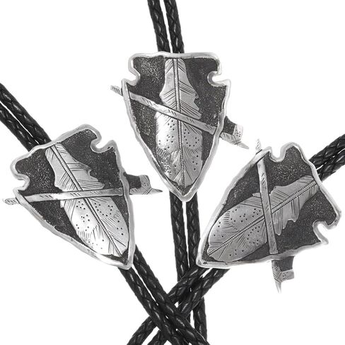 Alltribes Navajo Sterling Feather on Arrowhead Bolo Tie Textured Antiqued Design on Genuine Leather 0429 in Saudi Arabia
