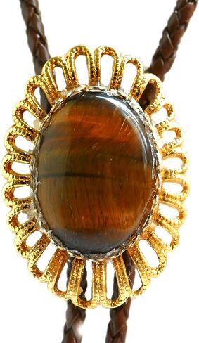 Bolo Tie with a Piece of Tiger Eye in the Center .and Wire Edging. Brown leather cord with gold-plated tips. in Saudi Arabia
