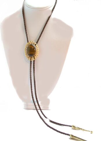 Bolo Tie with a Piece of Tiger Eye in the Center .and Wire Edging. Brown leather cord with gold-plated tips. in Saudi Arabia