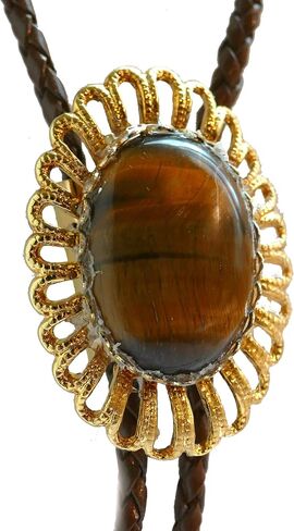 Bolo Tie with a Piece of Tiger Eye in the Center .and Wire Edging. Brown leather cord with gold-plated tips. in Saudi Arabia