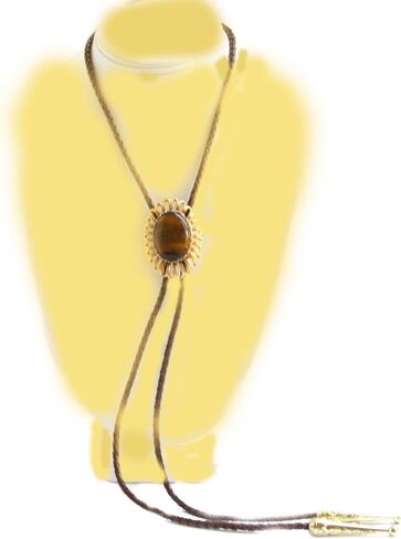 Bolo Tie with a Piece of Tiger Eye in the Center .and Wire Edging. Brown leather cord with gold-plated tips. in Saudi Arabia