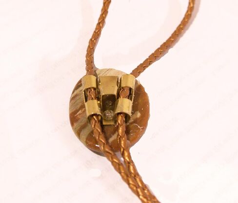 Cream and Medium Brown Streaked Jasper Is the Focus of This Bolo Tie with Metallic Indian Sun Cord and Gold-tone Traditionally Long Tips in Saudi Arabia