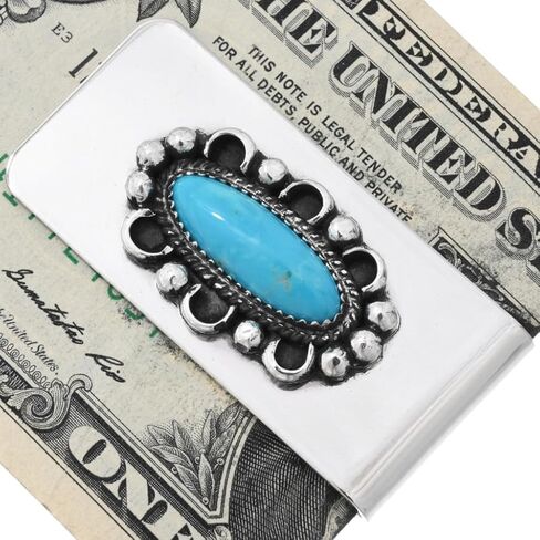 Navajo Blue Turquoise Silver Money Clip Sterling Curled Wire and Drops Design on Silver Cash Clamp 0098 in Saudi Arabia