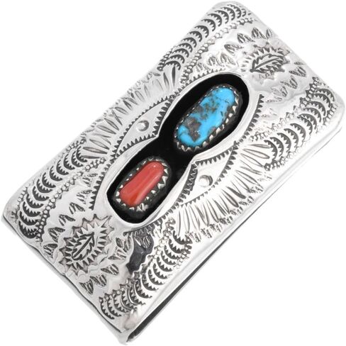 Navajo Turquoise Coral Hammered Sterling Money Clip Assorted Traditional Patterns on German Silver Clamp 0240 in Saudi Arabia