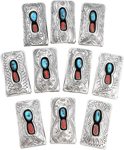 Navajo Turquoise Coral Hammered Sterling Money Clip Assorted Traditional Patterns on German Silver Clamp 0240 in Saudi Arabia