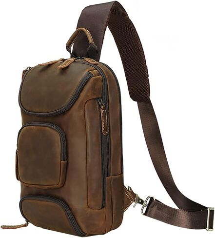 Retro Crazy Horse Leather Sling Sport Shoulder Chest Bag, Brown Single Strap Small Backpack Gift for Men in Saudi Arabia