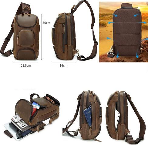 Retro Crazy Horse Leather Sling Sport Shoulder Chest Bag, Brown Single Strap Small Backpack Gift for Men in Saudi Arabia