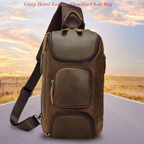 Retro Crazy Horse Leather Sling Sport Shoulder Chest Bag, Brown Single Strap Small Backpack Gift for Men in Saudi Arabia