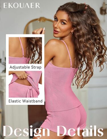 Ekouaer طقم بيجامة للنساء ملابس نوم ملابس نوم ناعمة Pjs 2 قطعة كامي شورت مجموعة U الرقبة حزام قابل للتعديل ملابس نوم in Saudi Arabia
