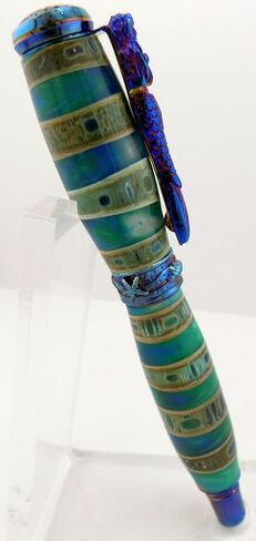 Handmade Ocean Life style rollerball pen giftset in Rustic Wood treasure chest gift box. Shark vertebrae with blue/seafoam resin. Blue titanium trim. Postable cap. Mermaid pen clip/seashell band. in Saudi Arabia