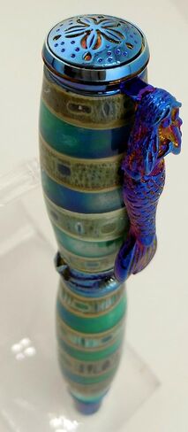 Handmade Ocean Life style rollerball pen giftset in Rustic Wood treasure chest gift box. Shark vertebrae with blue/seafoam resin. Blue titanium trim. Postable cap. Mermaid pen clip/seashell band. in Saudi Arabia