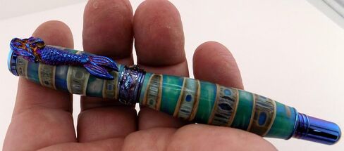 Handmade Ocean Life style rollerball pen giftset in Rustic Wood treasure chest gift box. Shark vertebrae with blue/seafoam resin. Blue titanium trim. Postable cap. Mermaid pen clip/seashell band. in Saudi Arabia