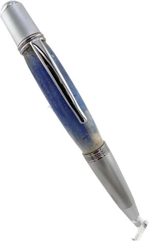 Handmade Sierra Mesa ballpoint pen. Blue and white icicle acrylic body. Trimmed in aluminum and chrome. Twist to open. Black ink. in Saudi Arabia