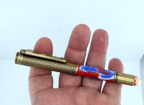 Handmade 45 Caliber themed ballpoint pen. Brass trim. Red, white & blue acrylic. Clicks to open. in Saudi Arabia