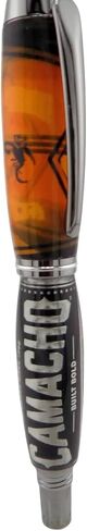 Handmade Artisan Jr Gentleman II style rollerball pen. Camacho cigar label collage in clear acrylic. Black titanium trim. Screw off postable cap. Black ink. in Saudi Arabia