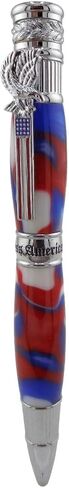 Handmade Patriotic themed ballpoint pen. Chrome trim. Red, white & blue acrylic. Twist to open. America on center band. USA on end cap. Eagle with flag pen clip. in Saudi Arabia