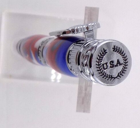 Handmade Patriotic themed ballpoint pen. Chrome trim. Red, white & blue acrylic. Twist to open. America on center band. USA on end cap. Eagle with flag pen clip. in Saudi Arabia