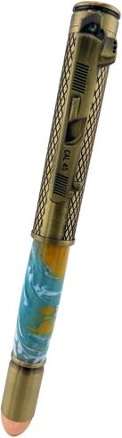 Handmade 45 Caliber themed ballpoint pen. Brass trim. Orange, blue and white acrylic. Clicks to open. in Saudi Arabia