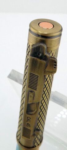Handmade 45 Caliber themed ballpoint pen. Brass trim. Orange, blue and white acrylic. Clicks to open. in Saudi Arabia