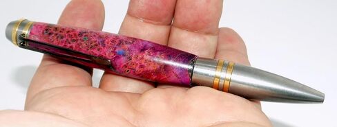 Handmade Professional Style ballpoint pen. Maple burl dyed purple and turquoise. Stainless steel and brass trim. Twist to open. Black ink. in Saudi Arabia