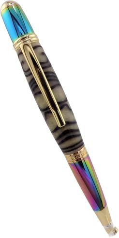 Handmade Sierra Mesa ballpoint pen. 3D printed Aztec design in cream acrylic. Metallic prismatic and gold trim. Black ink. in Saudi Arabia